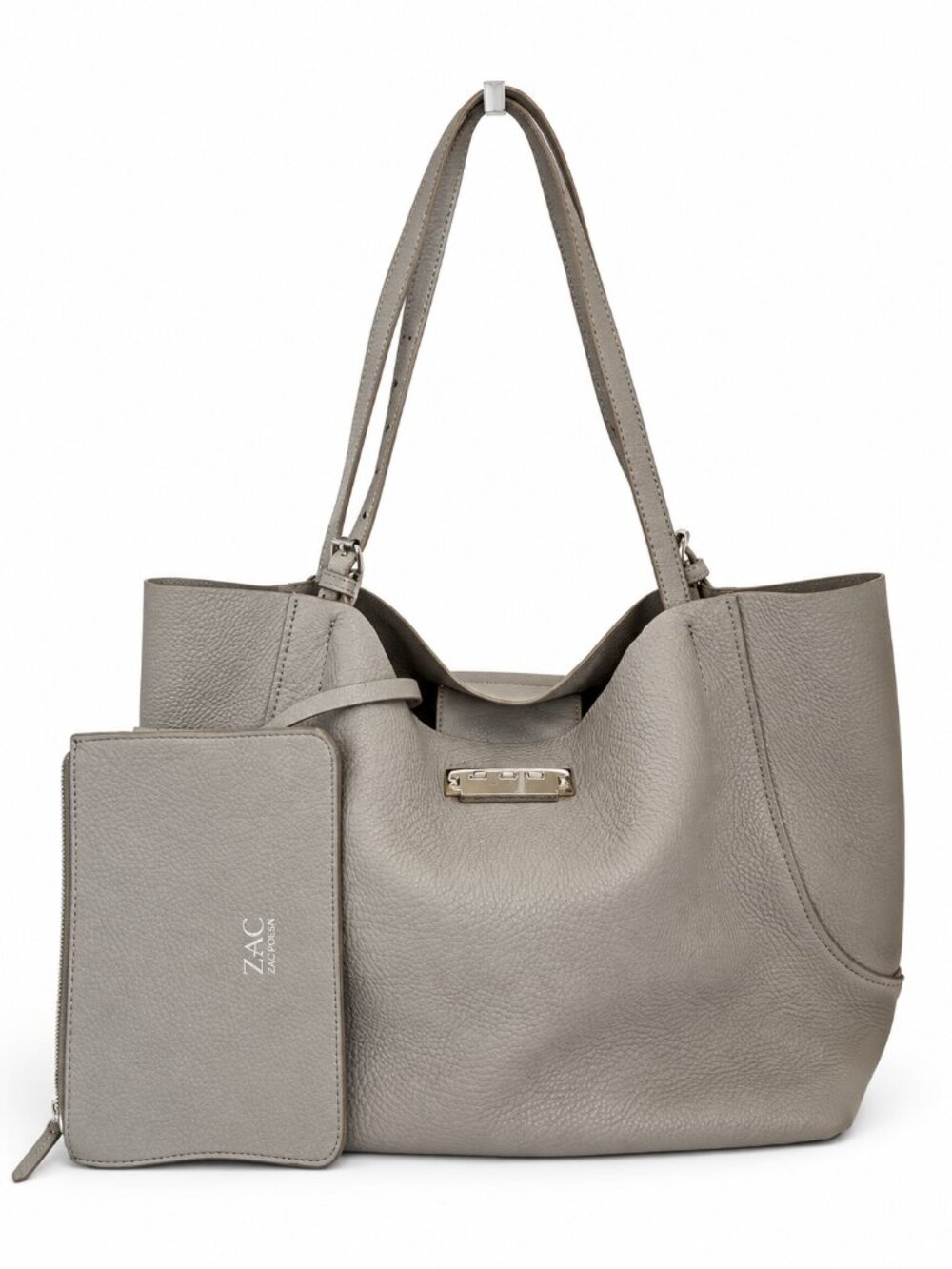 ZAC Zac Posen Pebbled Leather Tote in Light Gray with Wristlet